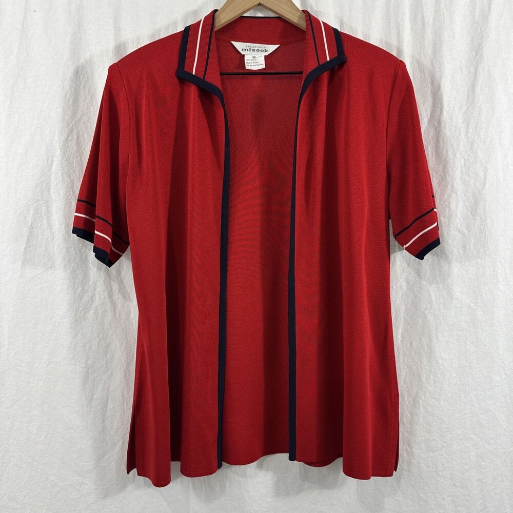 Excusively Misook Red Short Sleeve Open Knit Cardigan Top Womens Sz M Old Money